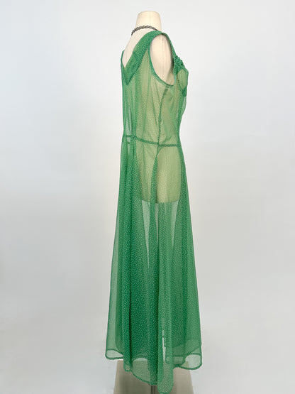 1930s Green Swiss Dot Floor-Length Dress / Waist 36
