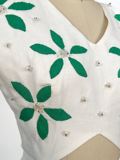 1970-80s Smart White Linen Sport Dress with Green Floral Appliqués / Waist 26