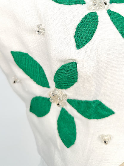 1970-80s Smart White Linen Sport Dress with Green Floral Appliqués / Waist 26