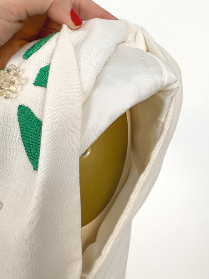 1970-80s Smart White Linen Sport Dress with Green Floral Appliqués / Waist 26