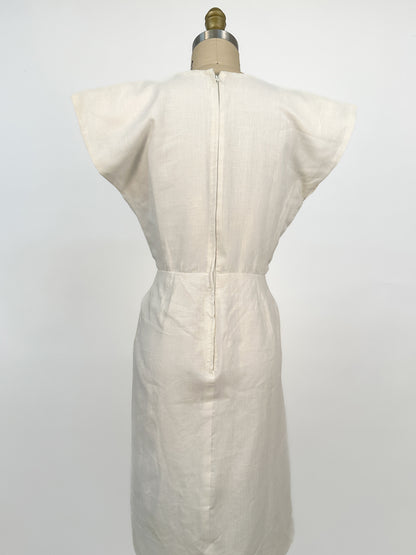 1970-80s Smart White Linen Sport Dress with Green Floral Appliqués / Waist 26