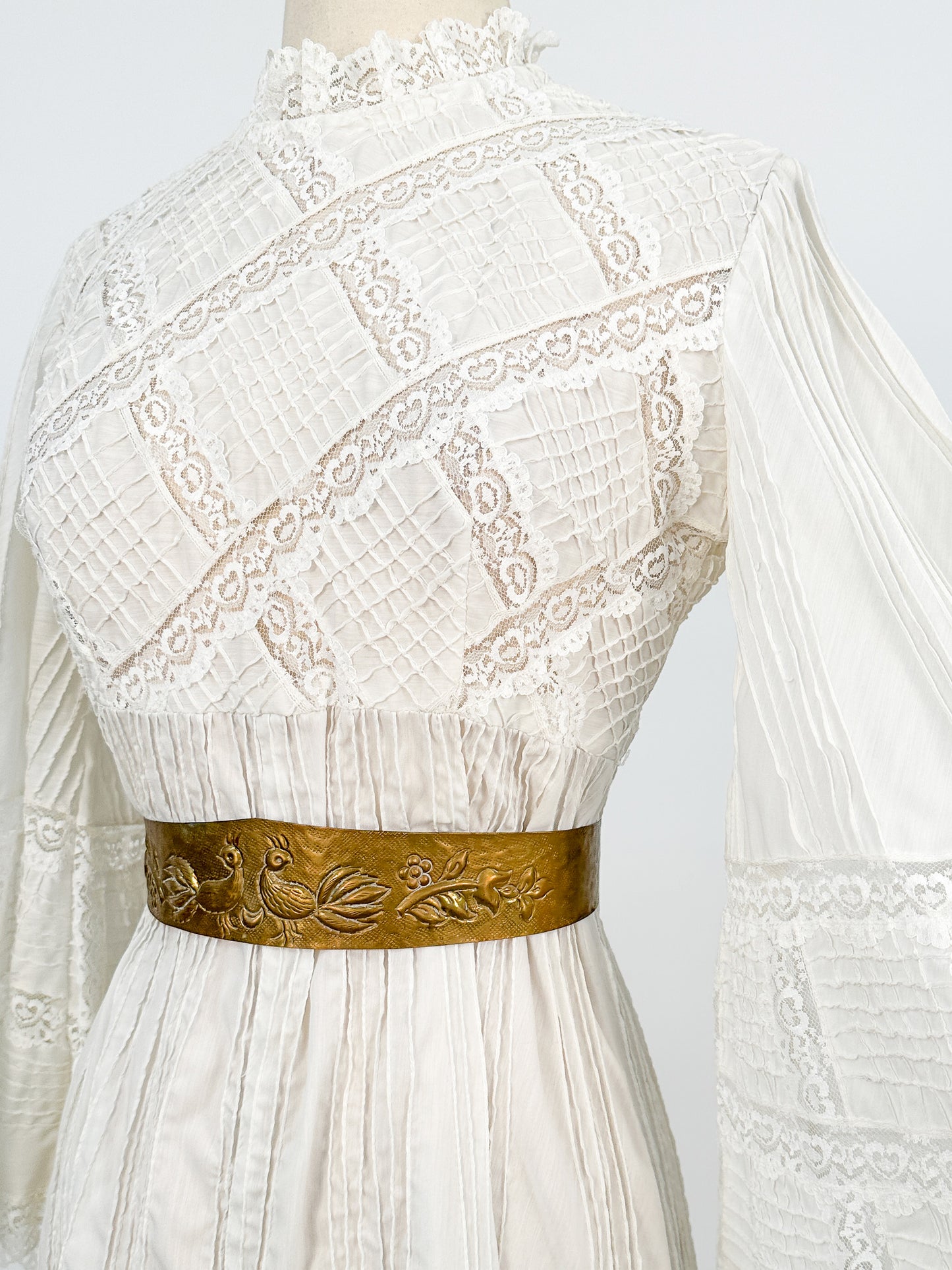 1960-70s White Cotton and Lace Maxi with Bell Sleeves / Waist 30