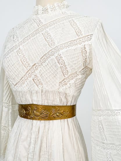 1960-70s White Cotton and Lace Maxi with Bell Sleeves / Waist 30