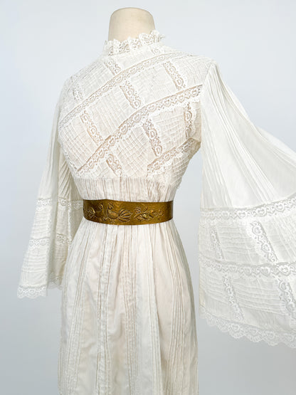 1960-70s White Cotton and Lace Maxi with Bell Sleeves / Waist 30