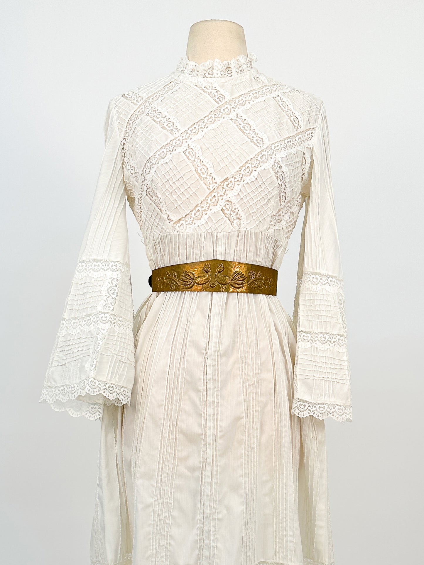 1960-70s White Cotton and Lace Maxi with Bell Sleeves / Waist 30