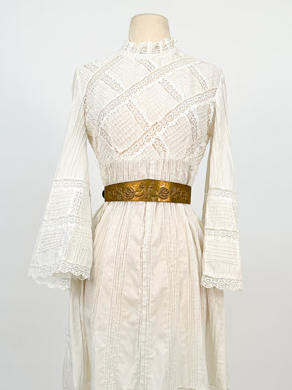 1960-70s White Cotton and Lace Maxi with Bell Sleeves / Waist 30