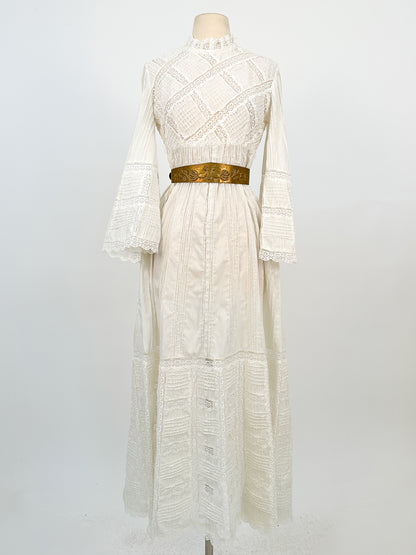1960-70s White Cotton and Lace Maxi with Bell Sleeves / Waist 30