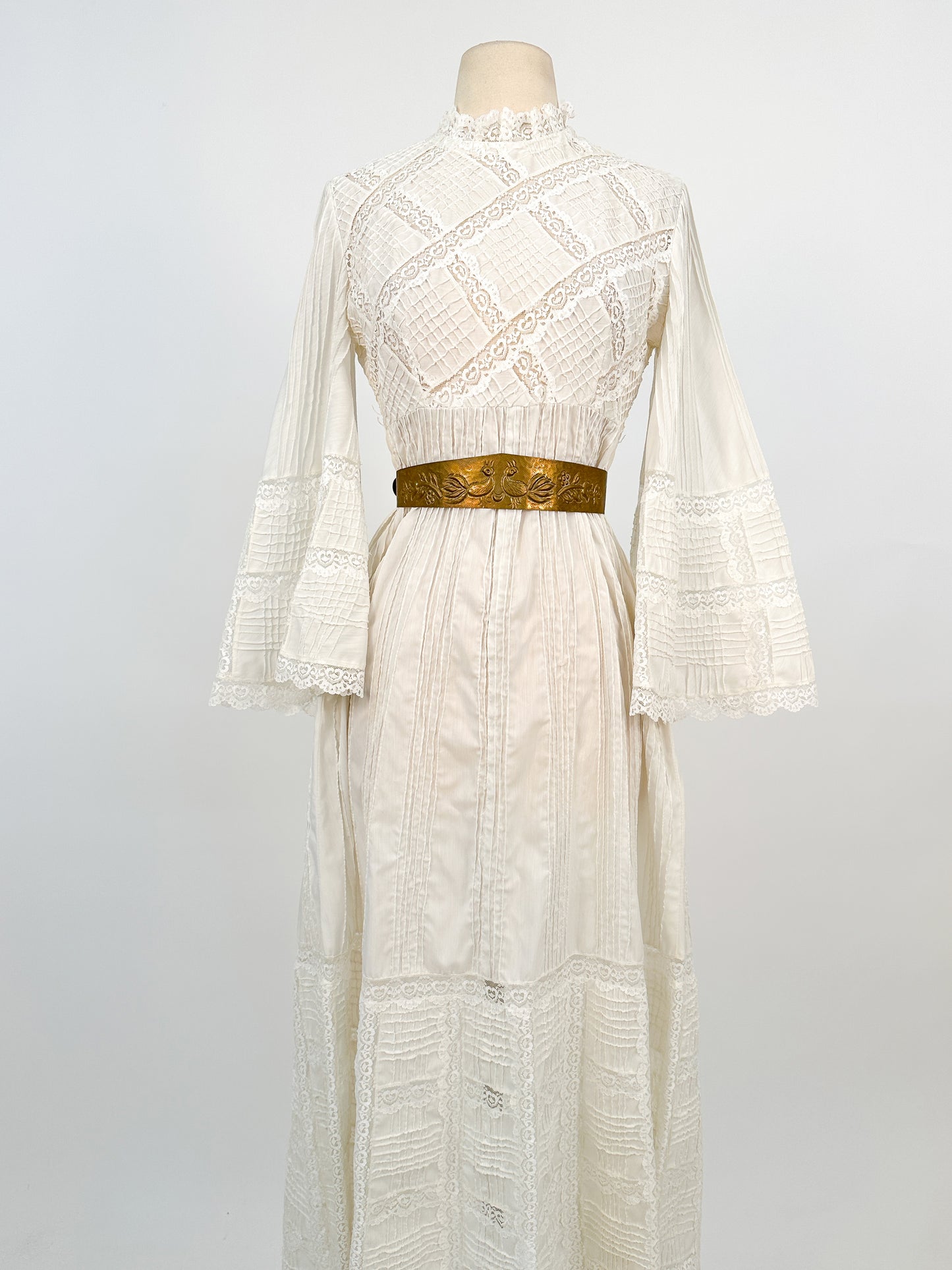 1960-70s White Cotton and Lace Maxi with Bell Sleeves / Waist 30