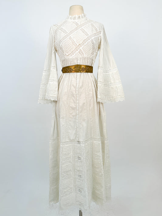 1960-70s White Cotton and Lace Maxi with Bell Sleeves / Waist 30