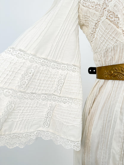 1960-70s White Cotton and Lace Maxi with Bell Sleeves / Waist 30