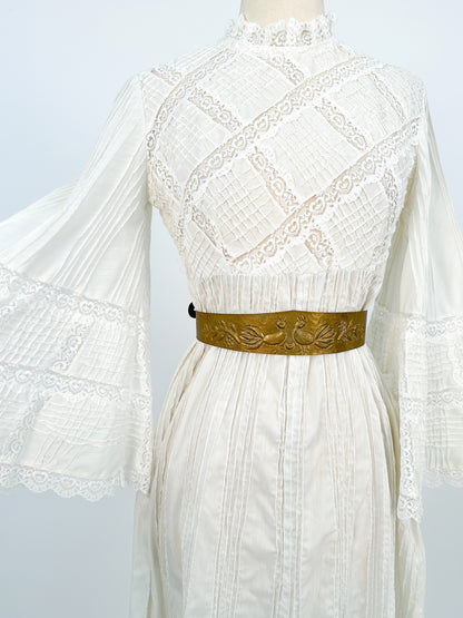 1960-70s White Cotton and Lace Maxi with Bell Sleeves / Waist 30