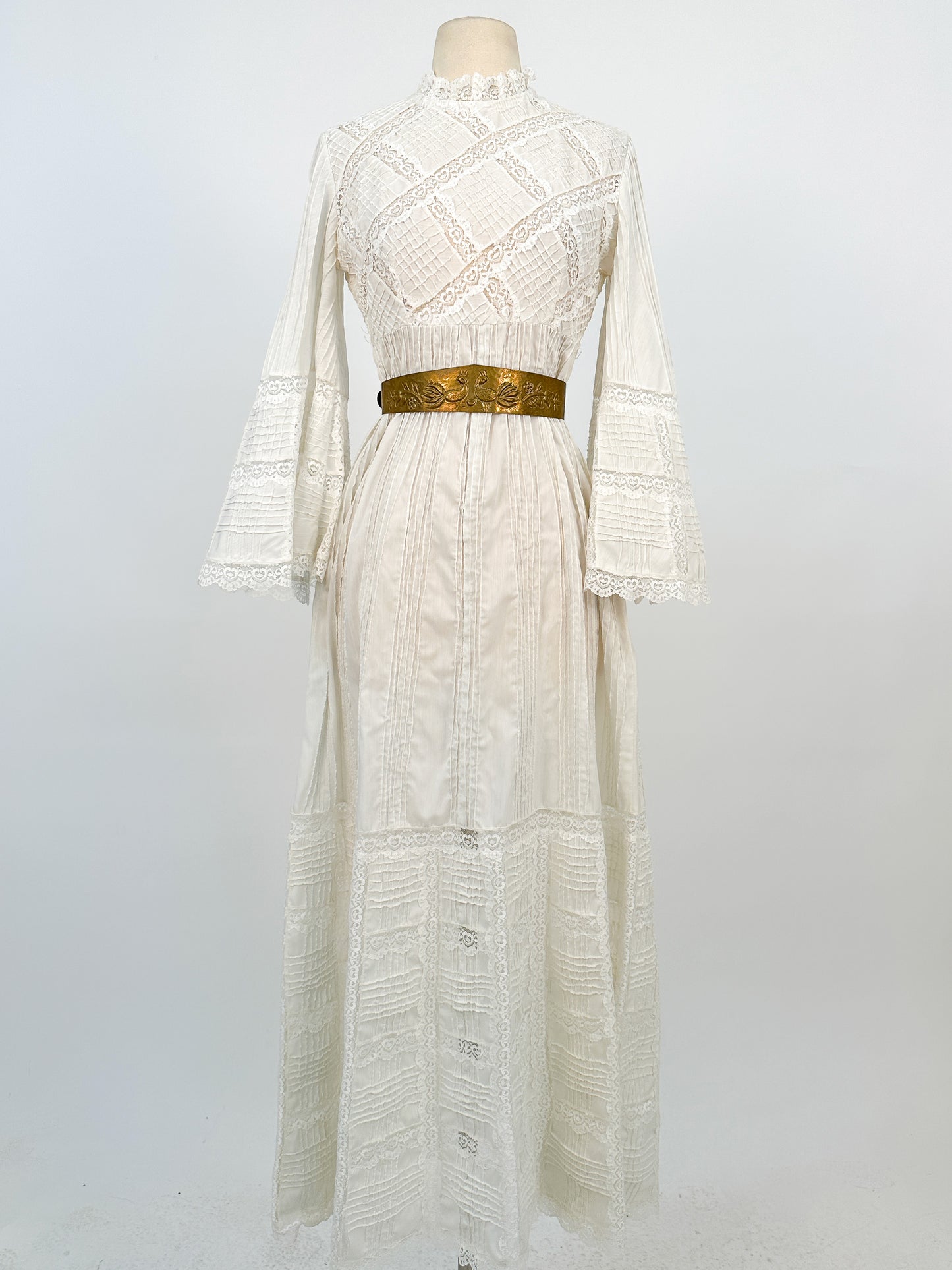1960-70s White Cotton and Lace Maxi with Bell Sleeves / Waist 30
