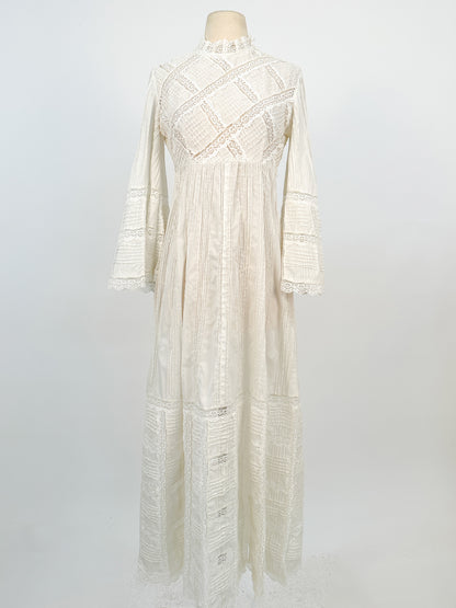 1960-70s White Cotton and Lace Maxi with Bell Sleeves / Waist 30