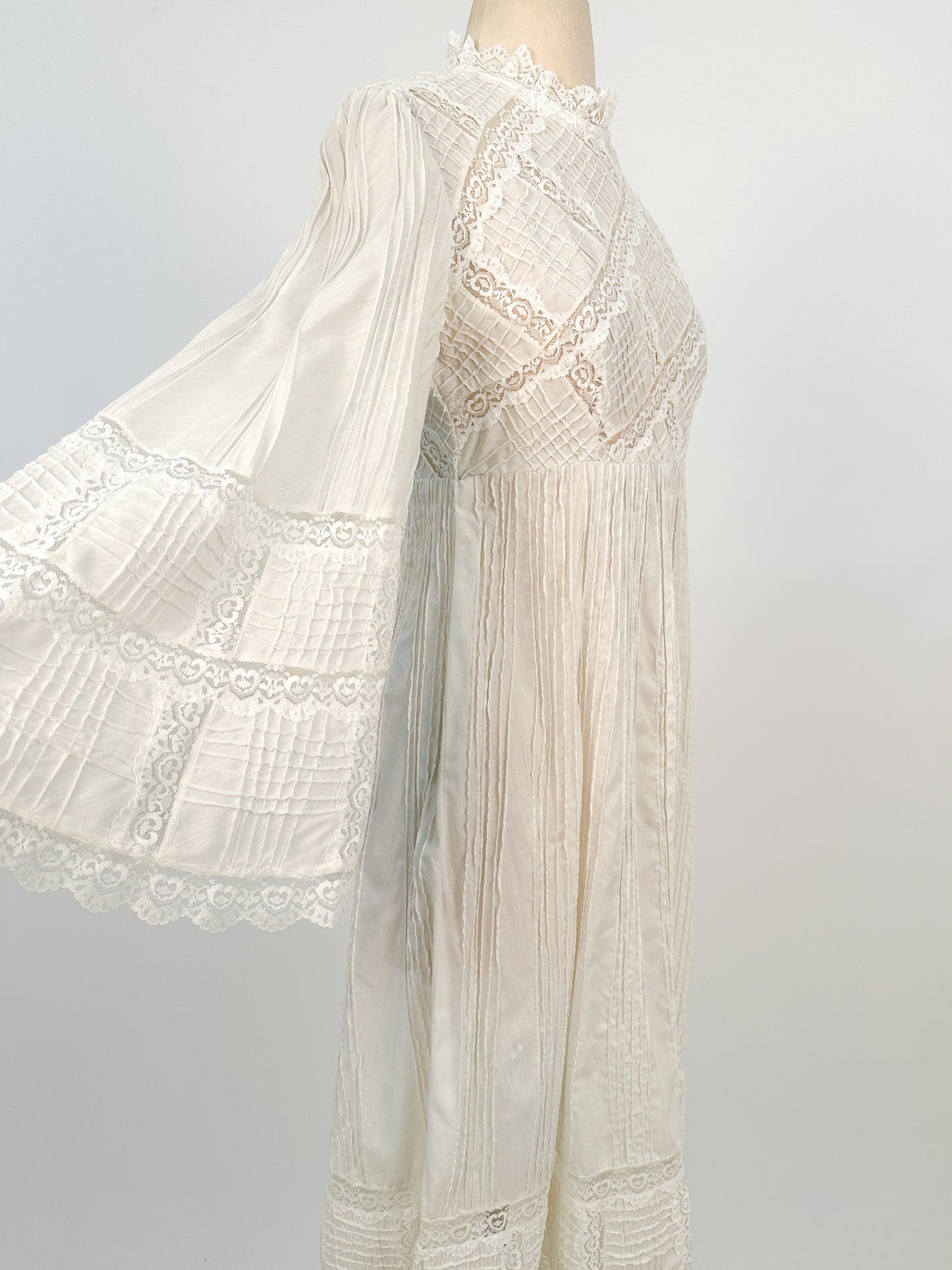 1960-70s White Cotton and Lace Maxi with Bell Sleeves / Waist 30