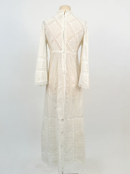 1960-70s White Cotton and Lace Maxi with Bell Sleeves / Waist 30