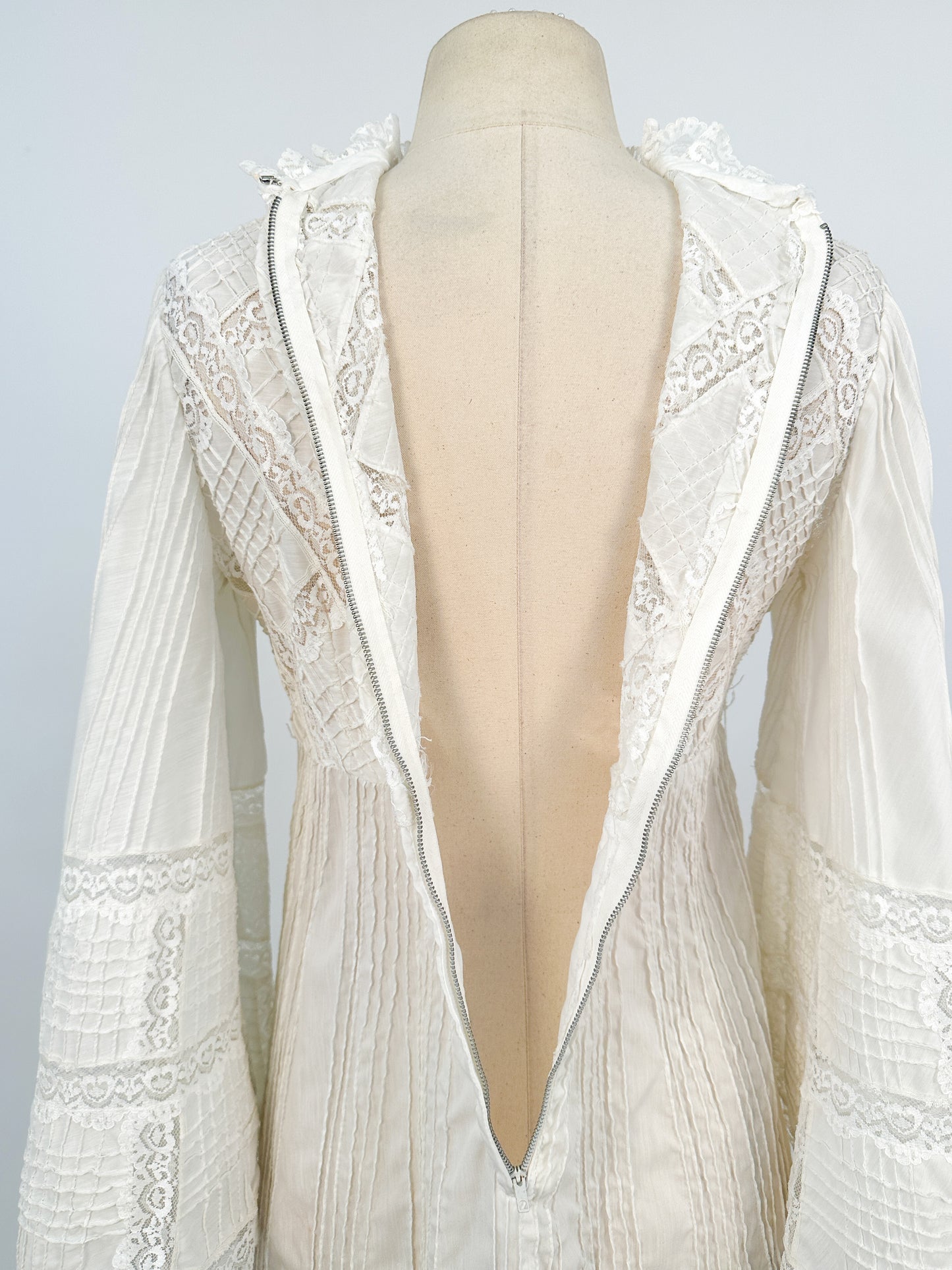 1960-70s White Cotton and Lace Maxi with Bell Sleeves / Waist 30