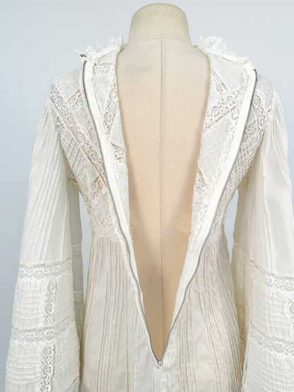 1960-70s White Cotton and Lace Maxi with Bell Sleeves / Waist 30