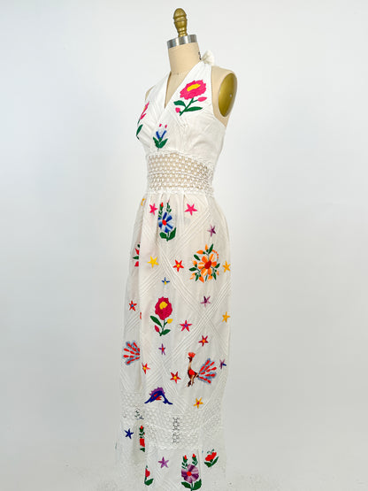 1970s Embroidered Cotton Mexican Halter Dress / Waist 30