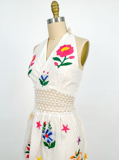 1970s Embroidered Cotton Mexican Halter Dress / Waist 30
