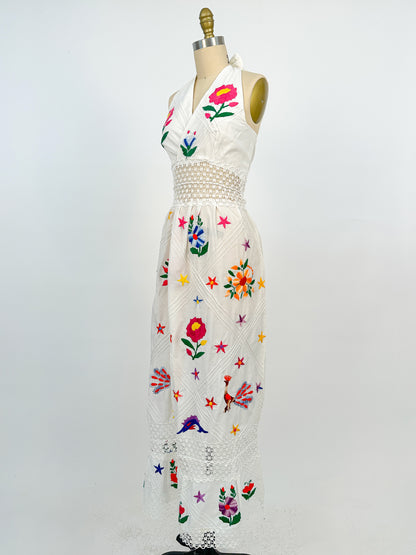 1970s Embroidered Cotton Mexican Halter Dress / Waist 30