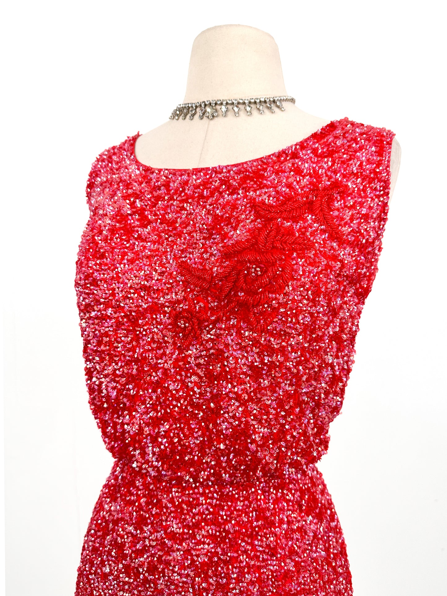 RARE 1950-60s Ruby Red Sequin Dress with Beaded Florals / Waist 30