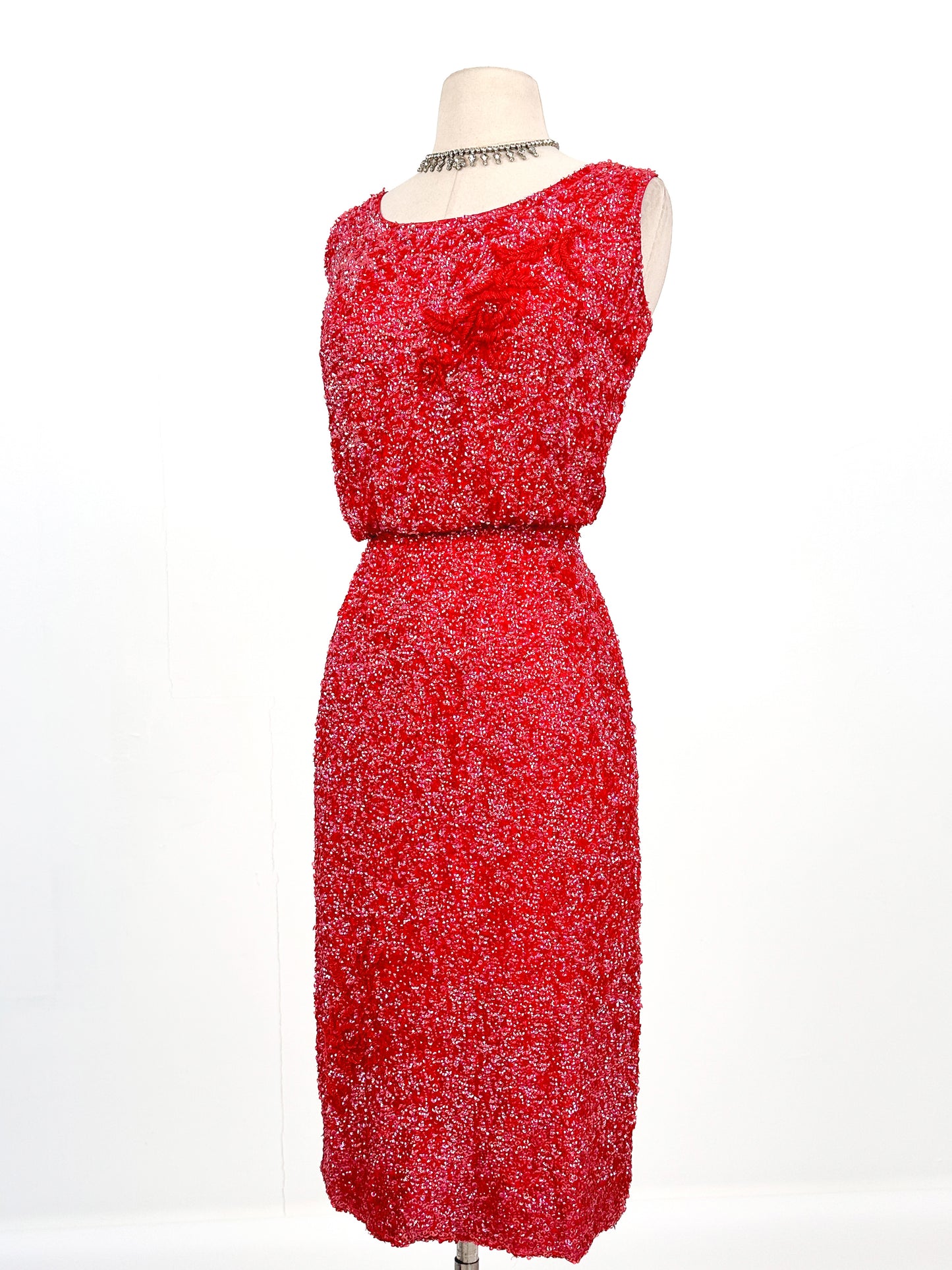 RARE 1950-60s Ruby Red Sequin Dress with Beaded Florals / Waist 30