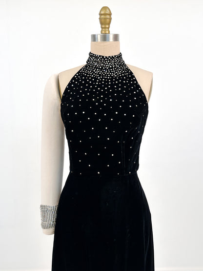 1960s Velvet Halter Gown with Rhinestone / Waist 26