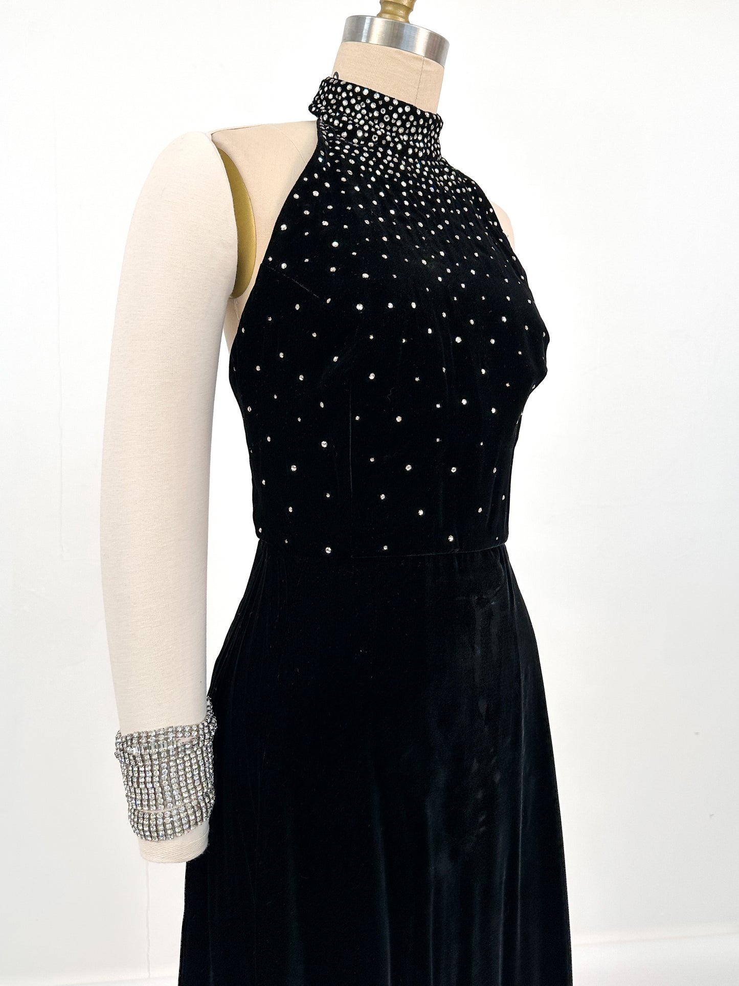 1960s Velvet Halter Gown with Rhinestone / Waist 26