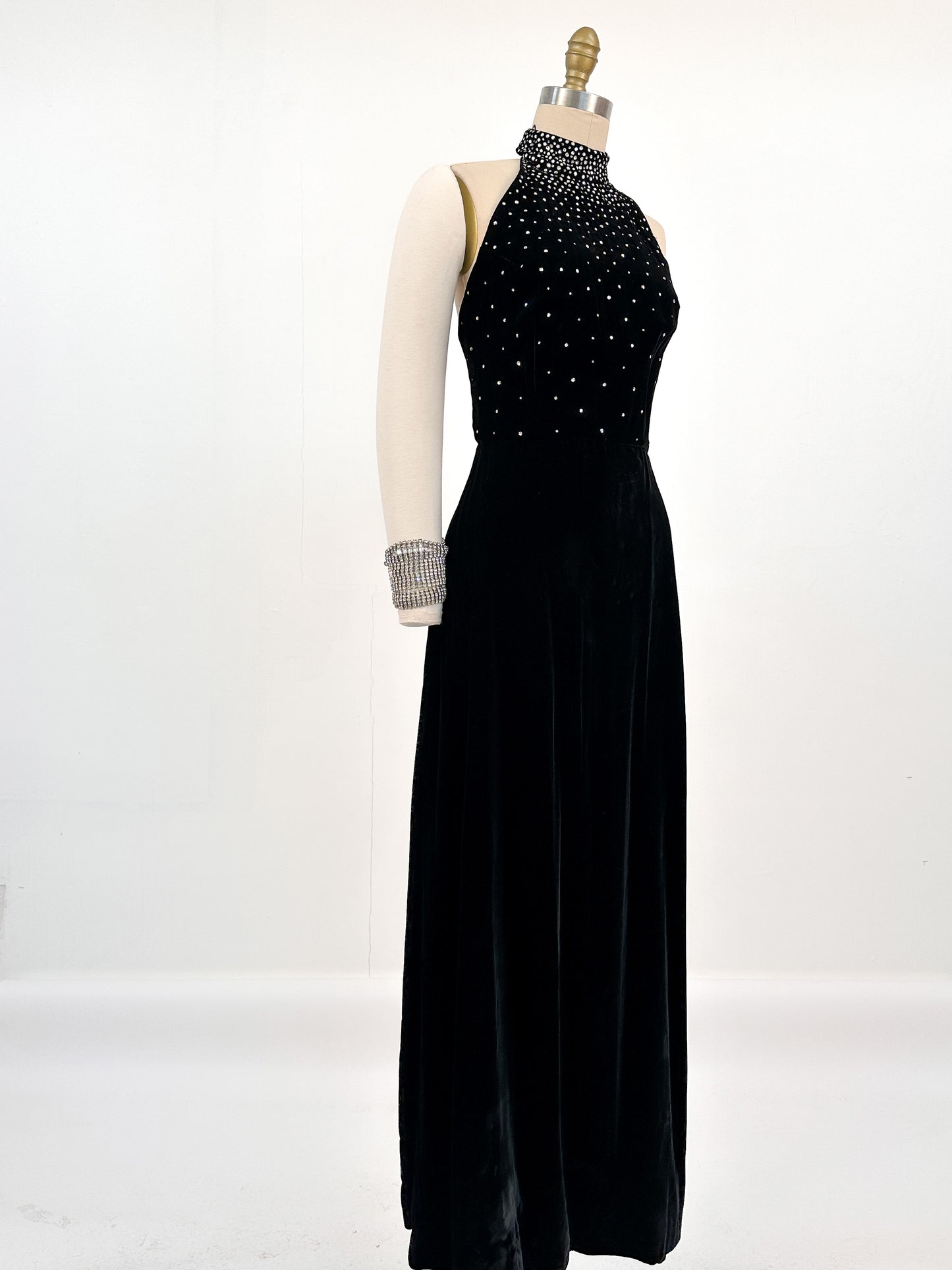 1960s Velvet Halter Gown with Rhinestone / Waist 26