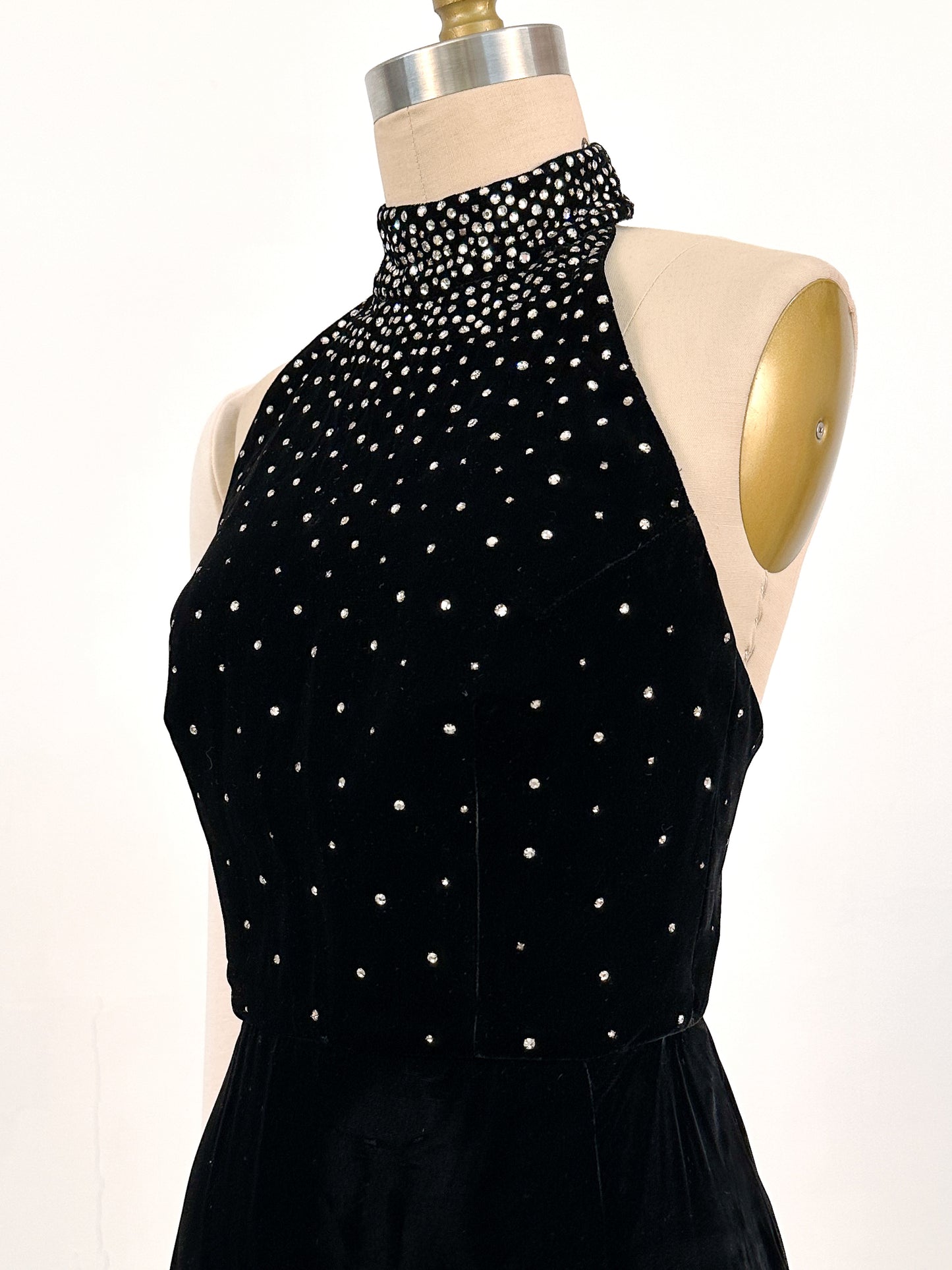 1960s Velvet Halter Gown with Rhinestone / Waist 26