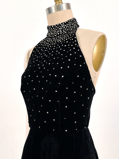 1960s Velvet Halter Gown with Rhinestone / Waist 26