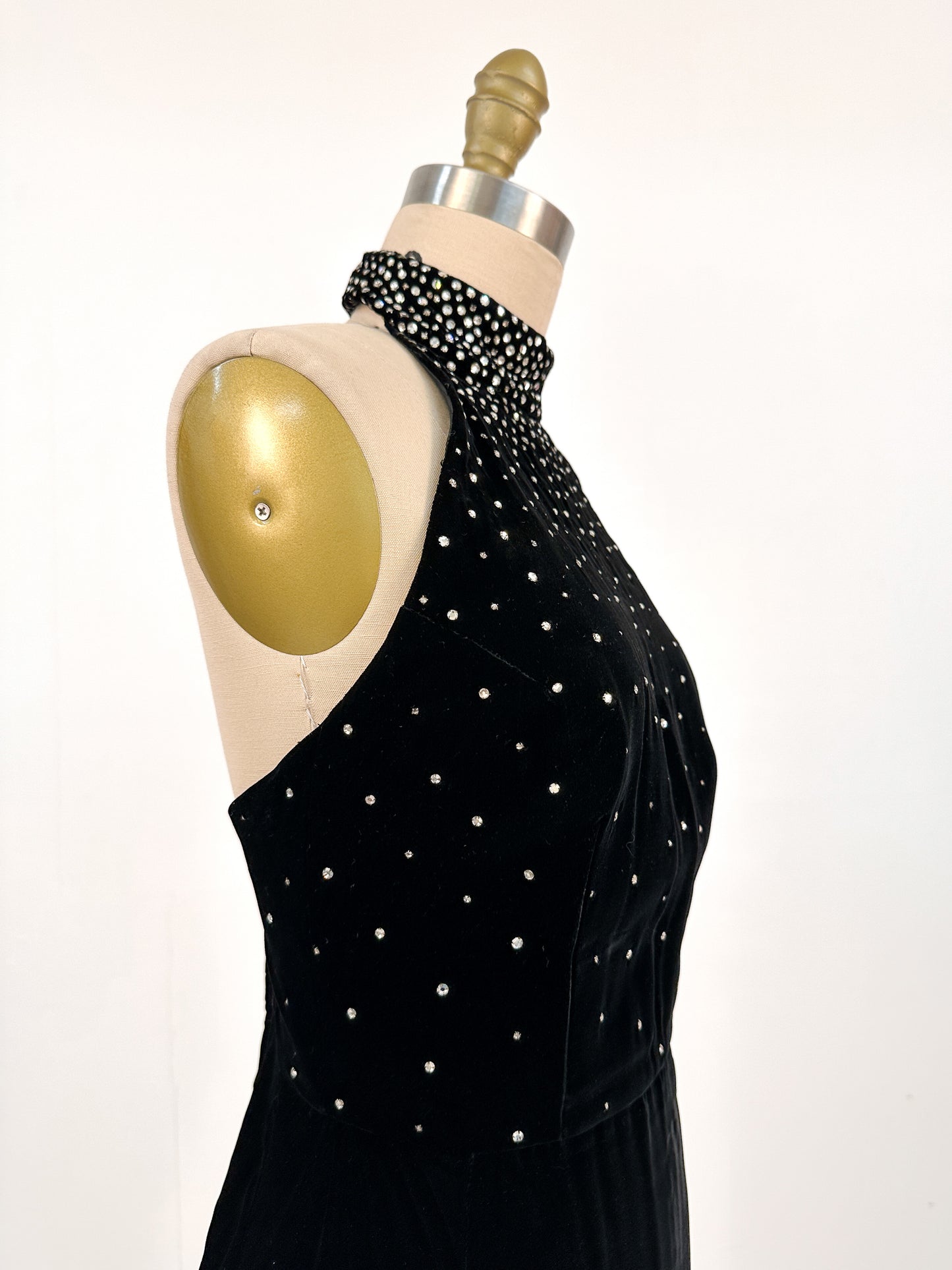 1960s Velvet Halter Gown with Rhinestone / Waist 26