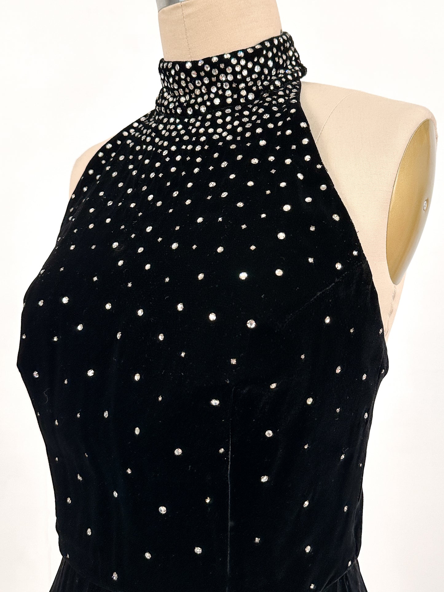 1960s Velvet Halter Gown with Rhinestone / Waist 26