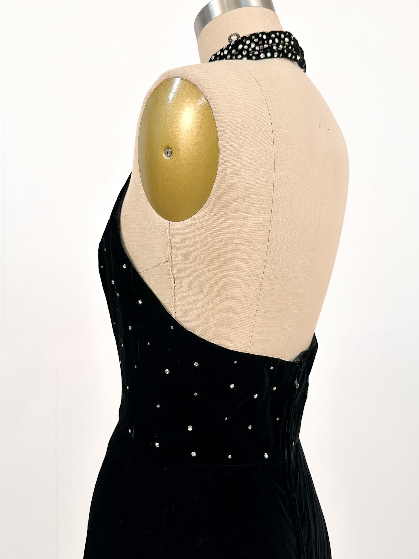 1960s Velvet Halter Gown with Rhinestone / Waist 26