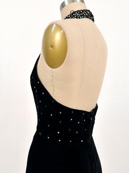 1960s Velvet Halter Gown with Rhinestone / Waist 26