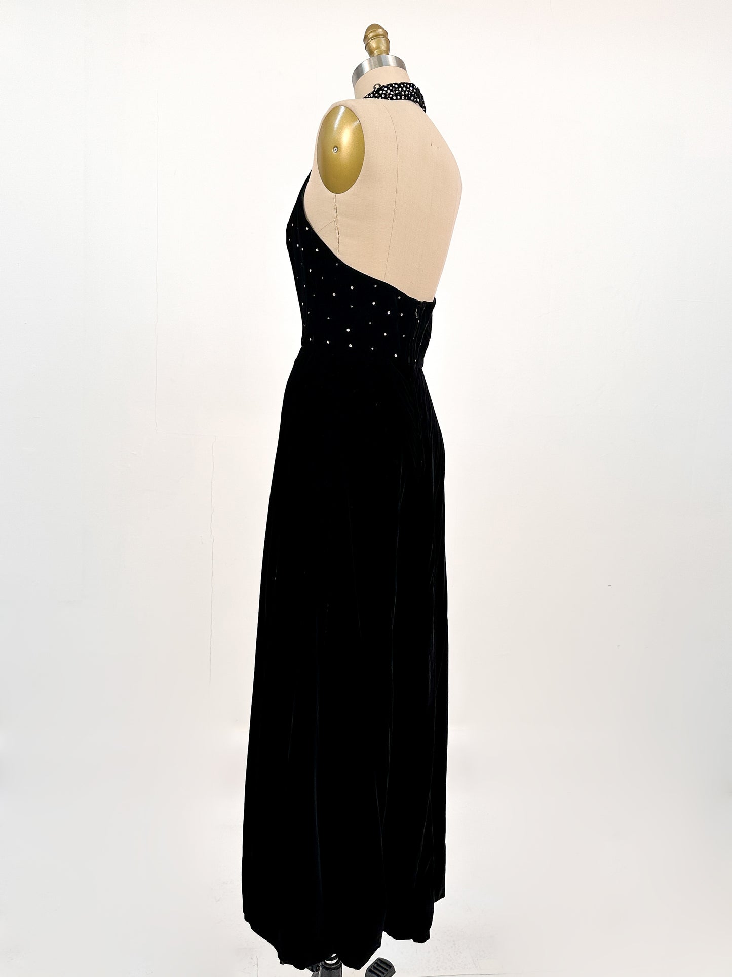 1960s Velvet Halter Gown with Rhinestone / Waist 26