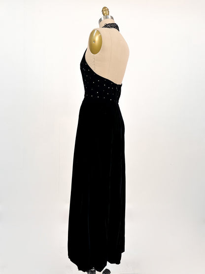 1960s Velvet Halter Gown with Rhinestone / Waist 26