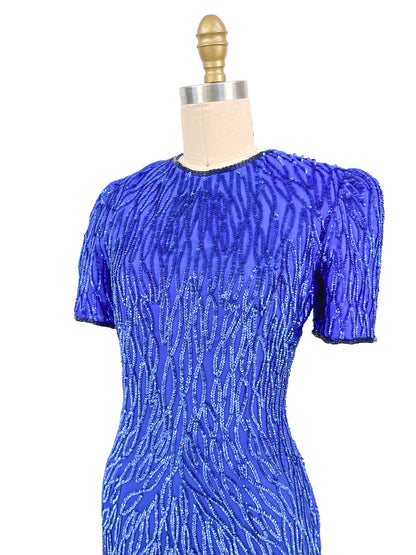 1980s Electric Blue Sequin Dress / Waist 28