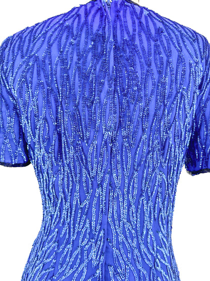 1980s Electric Blue Sequin Dress / Waist 28