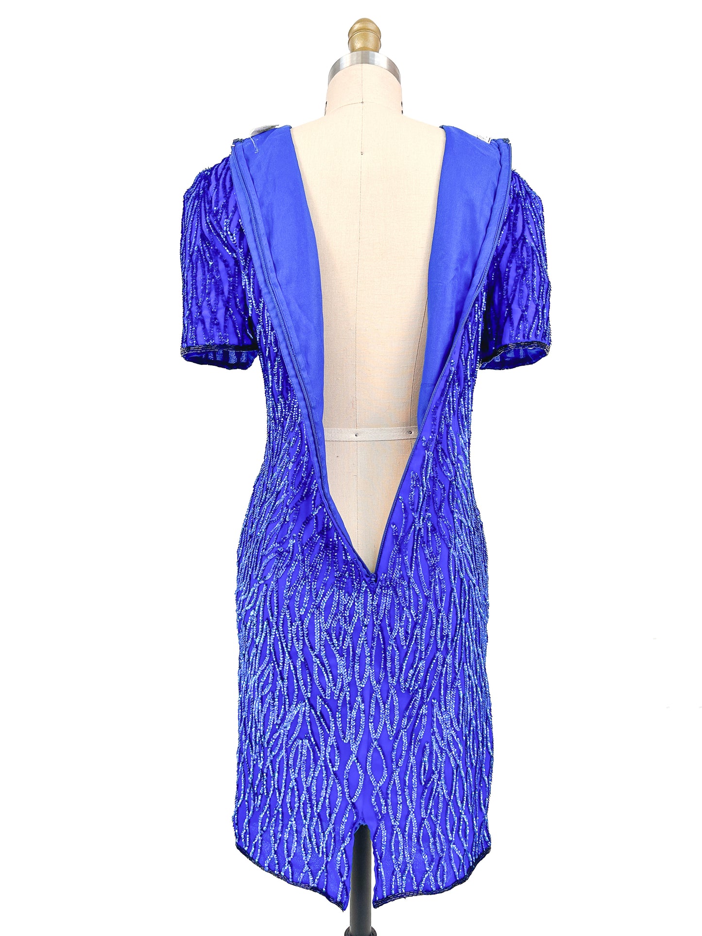 1980s Electric Blue Sequin Dress / Waist 28