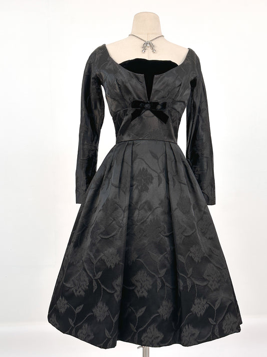 1950s Floral Brocade Dress with Velvet Bodice / Waist 26