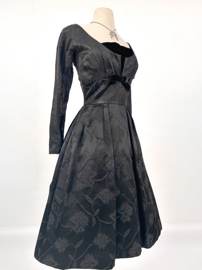 1950s Floral Brocade Dress with Velvet Bodice / Waist 26