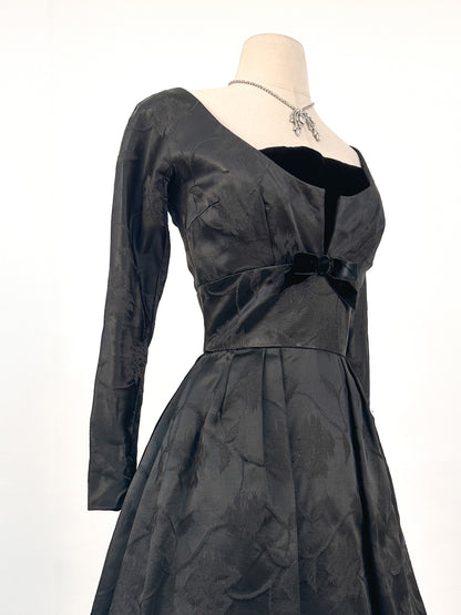 1950s Floral Brocade Dress with Velvet Bodice / Waist 26