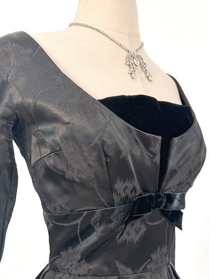 1950s Floral Brocade Dress with Velvet Bodice / Waist 26