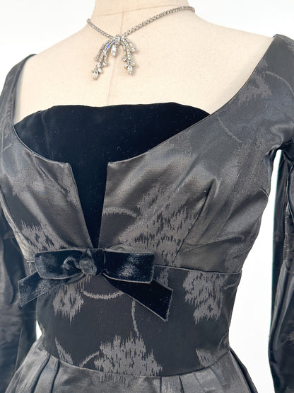 1950s Floral Brocade Dress with Velvet Bodice / Waist 26