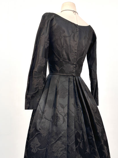 1950s Floral Brocade Dress with Velvet Bodice / Waist 26