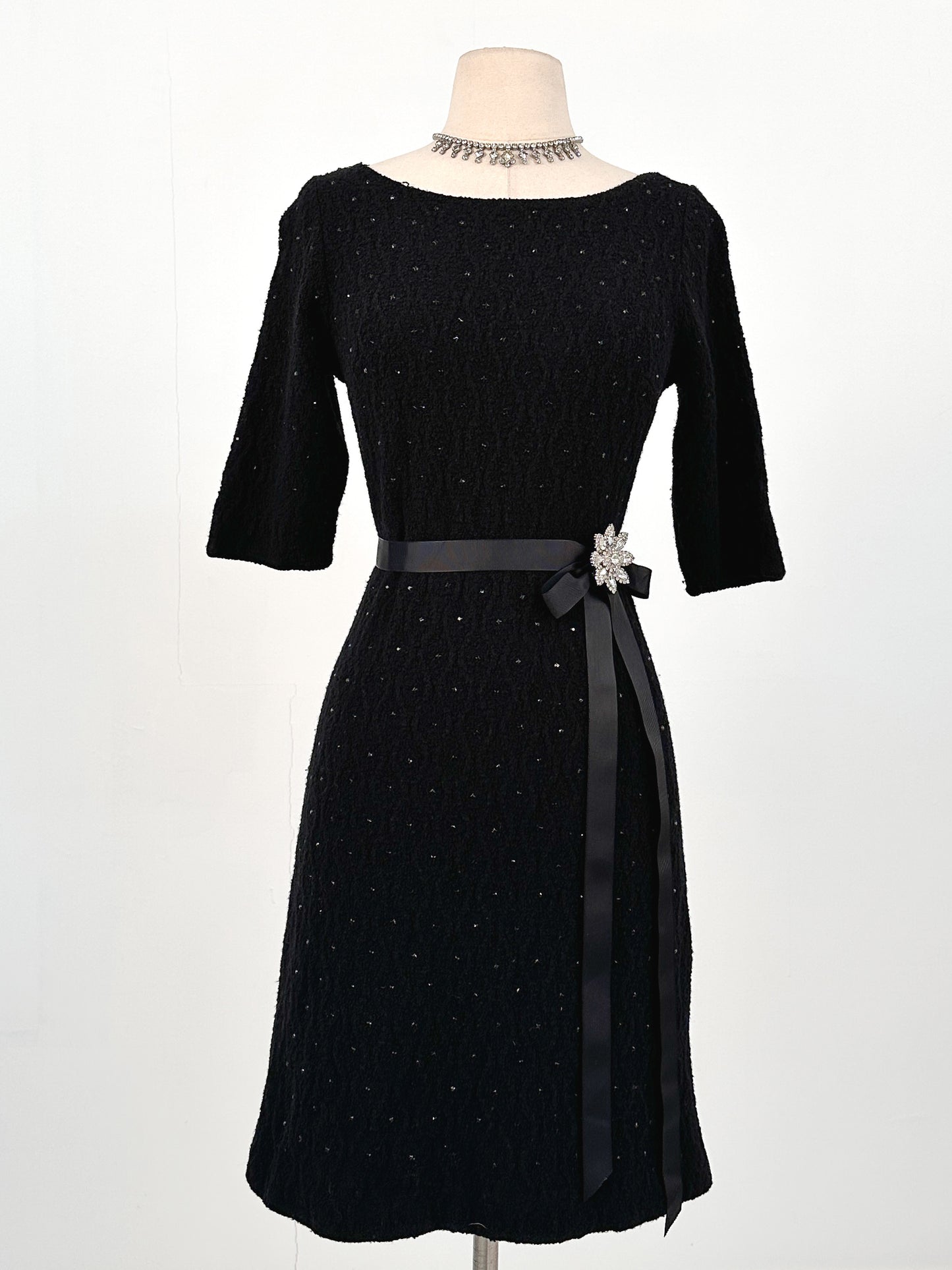 1950s Knit Dress with Black Rhinestones / Waist 30