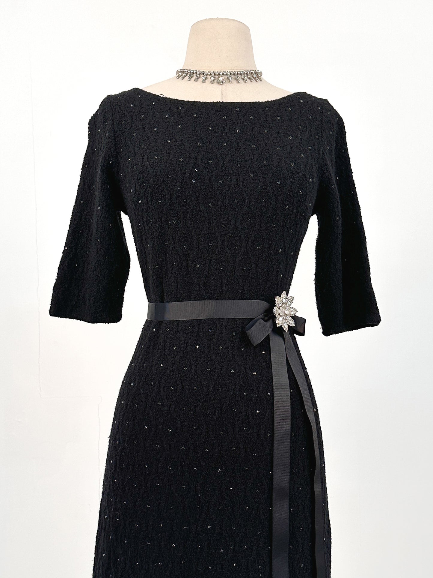 1950s Knit Dress with Black Rhinestones / Waist 30