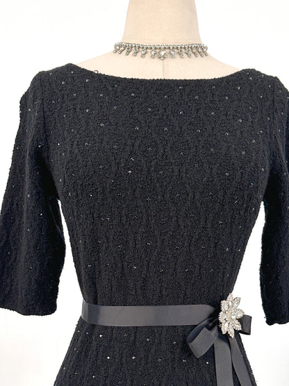 1950s Knit Dress with Black Rhinestones / Waist 30