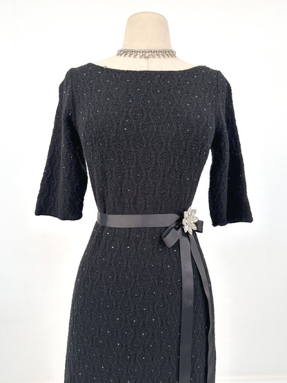 1950s Knit Dress with Black Rhinestones / Waist 30